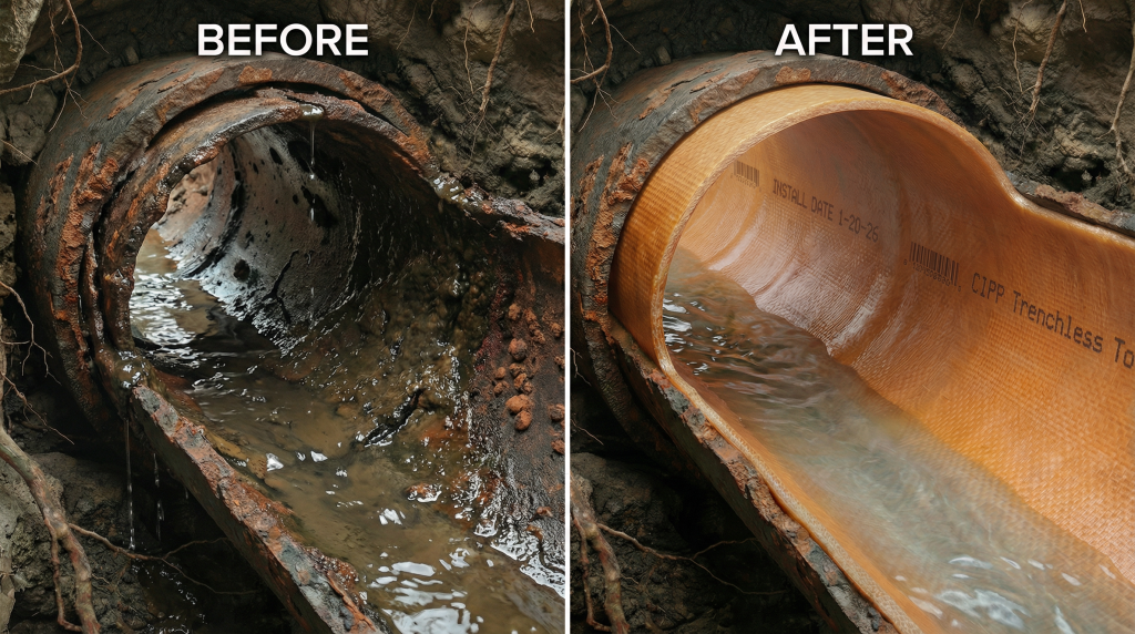 Before and after trenchless pipe repair