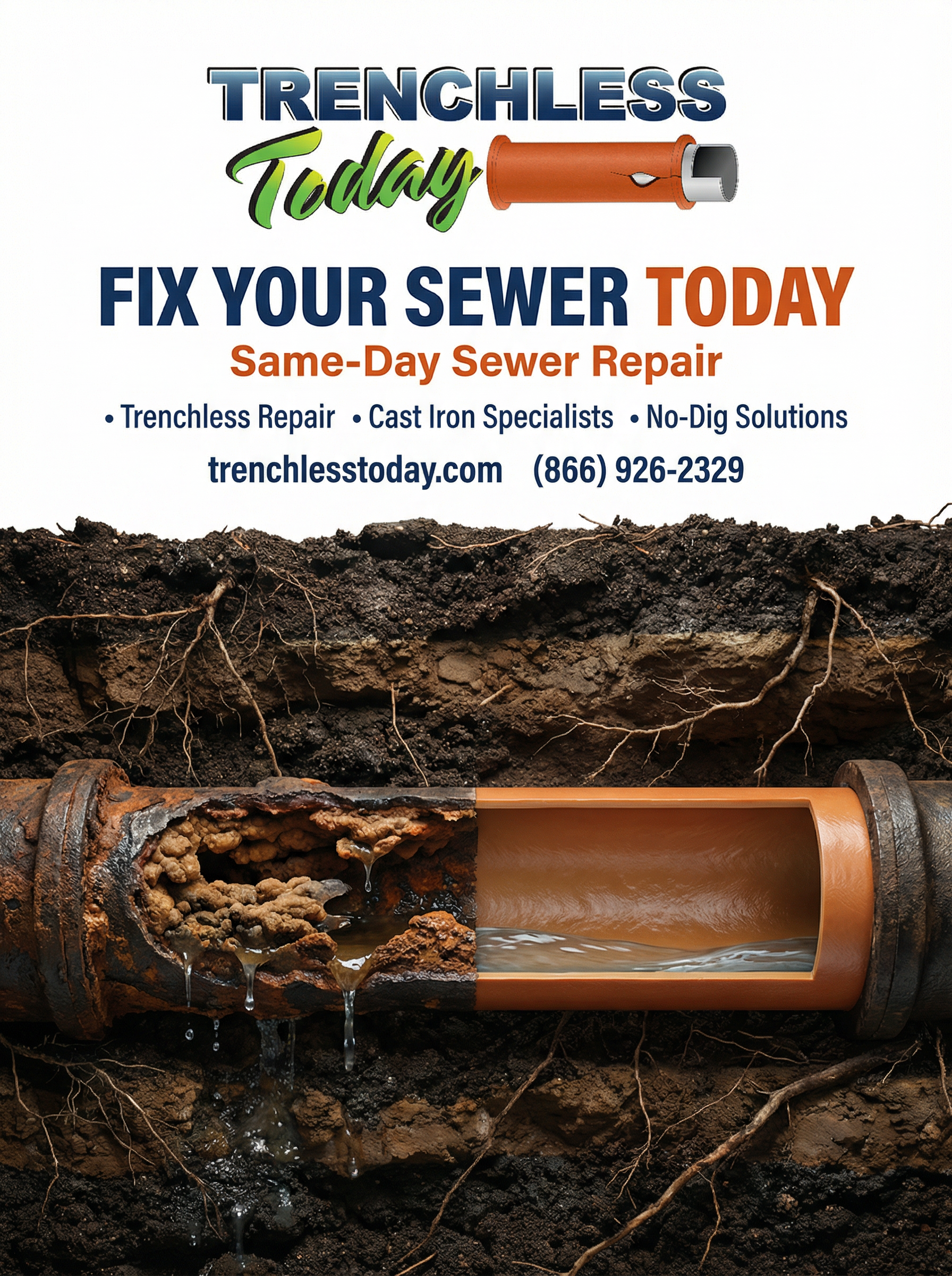 Trenchless sewer repair advertisement for trenchless today